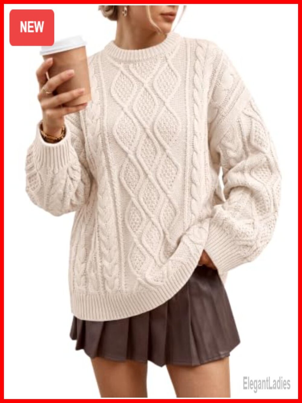 Oversized Cable Knit Crew Neck Pullover Sweater Cotton Acrylic